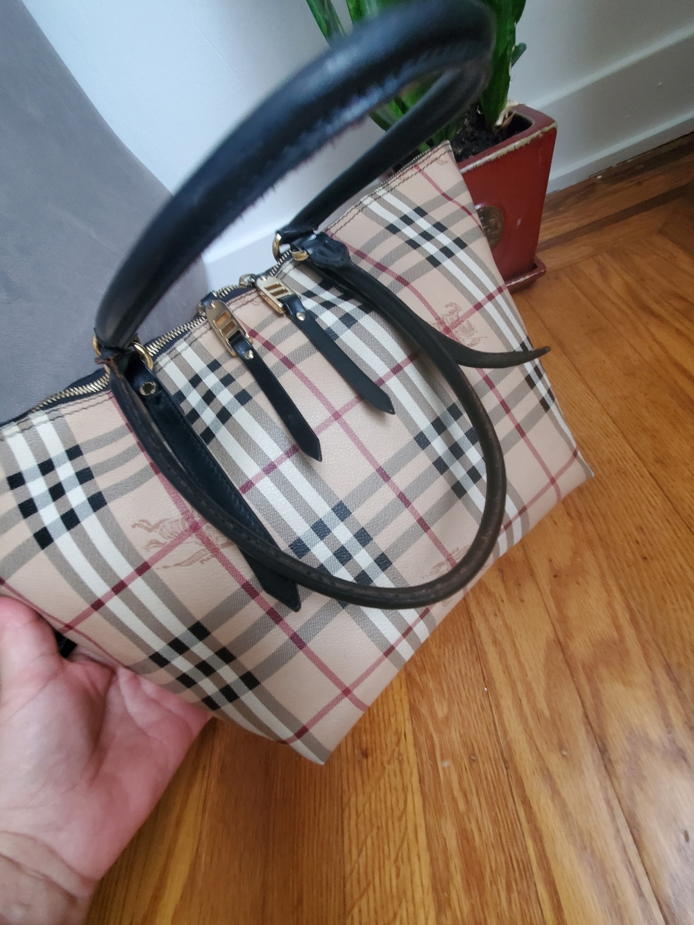Burberry Authentic Italy Classic Check Tote Bag with Black Trim Shoulder Bag